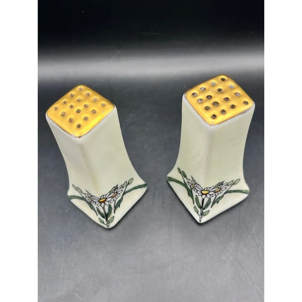Vtg Art Deco Floral Salt & Pepper Shakers Daisies Gold Trim 3.5